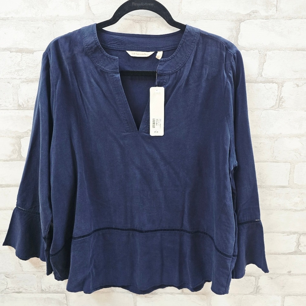 NWT Soft Surroundings Isle of Breeze Top Maritime Blu Ladder Lace Bell Sleeve L